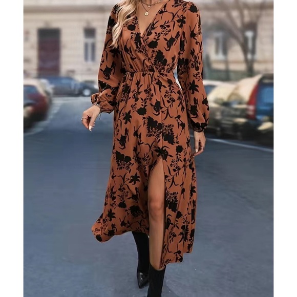Brown Floral Print Bishop Long Sleeve V Neck High Slit Midi Maxi Dress NWT - Picture 5 of 7